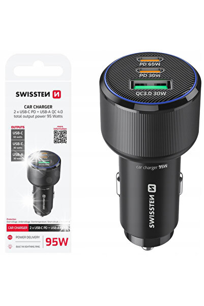 NO BRAND Încărcător auto compact SWISSTEN 2 x USB-C PD USB-A QC 95W