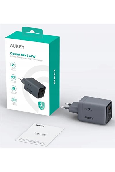 AUKEY Încărcător de rețea de călătorie compact 67W 1x USB-A 2x USB-C GaN