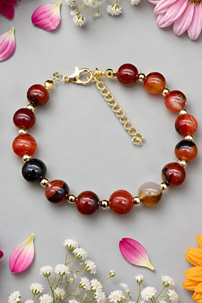 NBS Beautiful Naturel Stones Brown Agate Evil Eye Bracelet Gold Color Adjusta...