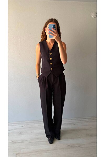 Niceboutique Gold Buttoned Vest Trousers Set