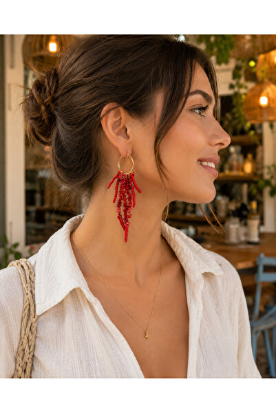 POYASE Natural Coral-Looking Stone Detailed Hoop Earrings Red Turquoise and W...