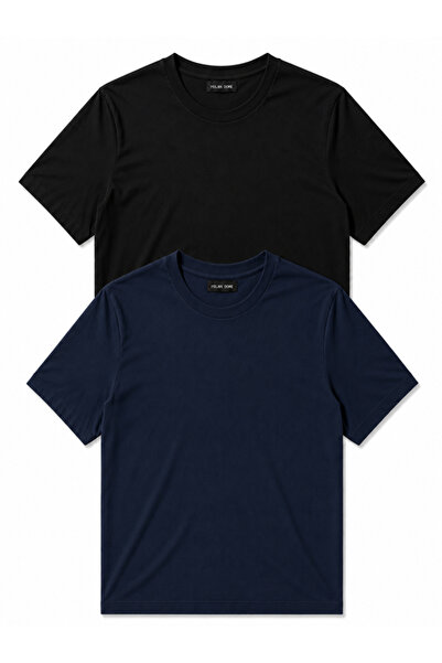 MİLANDORE Set of 2 Men's Black-Navy Blue Cotton Slim Fit Crew Neck Basic T-Sh...