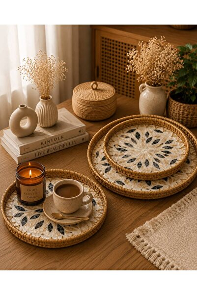 HEPBİMODA Sedefli Rattan Tepsi & Duvar Dekoru 3!lü Set Doğal Hasır Sunum Tepsisi, Bohem Dekoratif Servis Tepsisi
