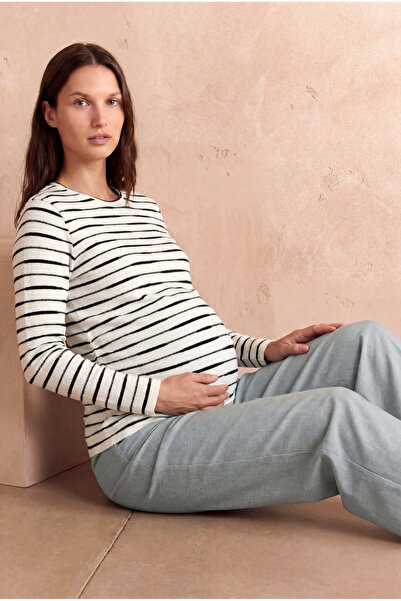 WESTMARK LONDON Maternity Black/Ecru Striped Viscose Blend Crew Neck Long Sle...