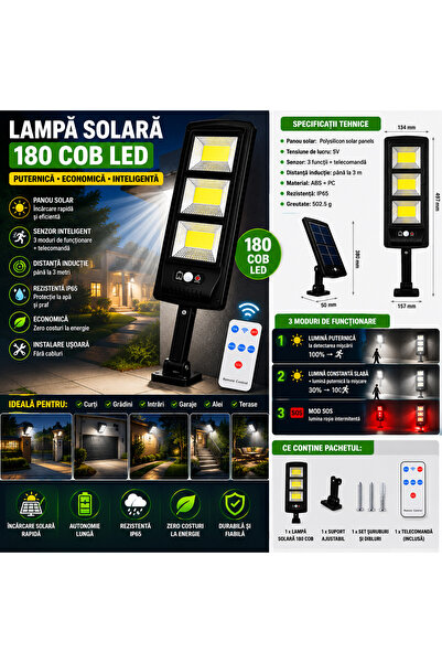 OEM Lampă Stradală Solară IP65, Senzor Mișcare, Telecomandă, 6-12h