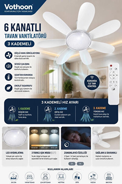 ALFA AKSESUAR 03 6 Kanatlı 3 Kademeli Led Aydınlatmalı Uzaktan Kumandalı Tava...
