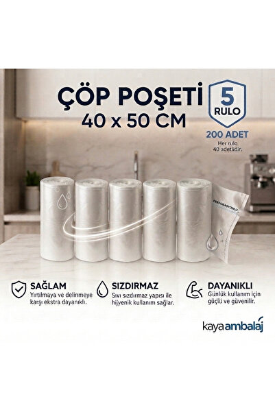 Kaya Ambalaj Çöp Poşeti Mini Boy Küçük Boy 40’lı 5 Rulo 40x50 Çöp Torbası 200...