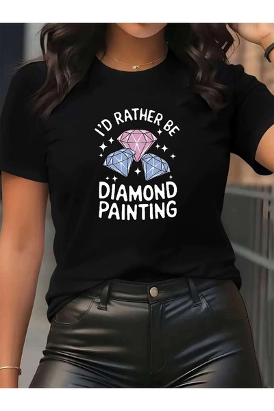 01THEONE Women' "I' Rather Be Diamond Painting" T-Shirt with Gem Graphics Rou...