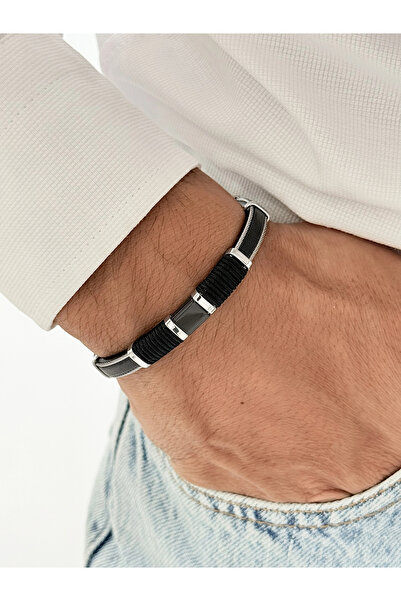 FERRO Silver and Black Leather Steel Men's Bracelet Frj10213B-G 2 Year Warran...