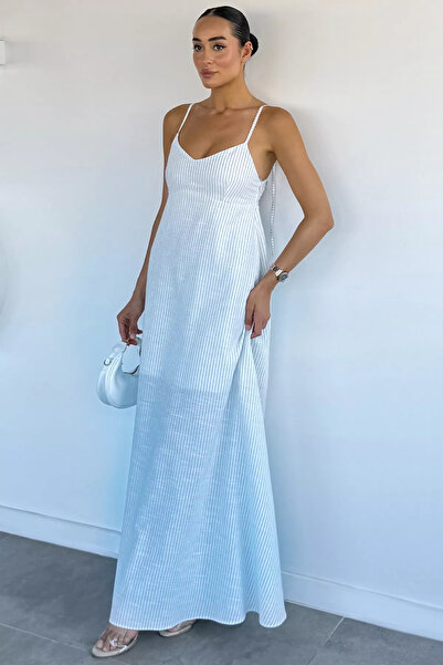 Aryena White and Blue Women's Striped Dress with Rope Straps