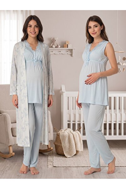 Lohussa New Season Blue Patterned Design with Breastfeeding Feature, Wide Str...