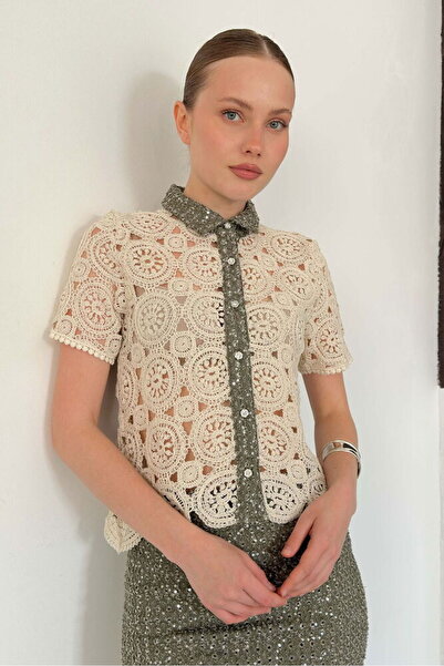 VERYMODA Denim Detailed Lace Shirt - Raw Khaki |   D2795
