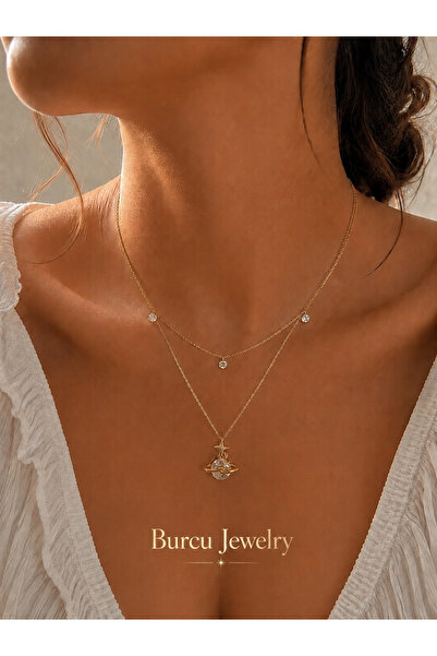 BURCU JEWELRY Satürn ve Yıldız Figürlü Zirkon Taşlı Kolye