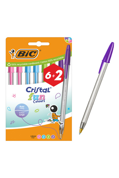 Bic Στυλό διαρκείας Cristal Fun Colours, μύτη 1.6mm, διάφορα χρώματα, 8 τεμάχια