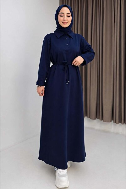 Raneel Kazançlı Alışveriş Women's Tie-Waist Plain Basic Dress Navy Blue