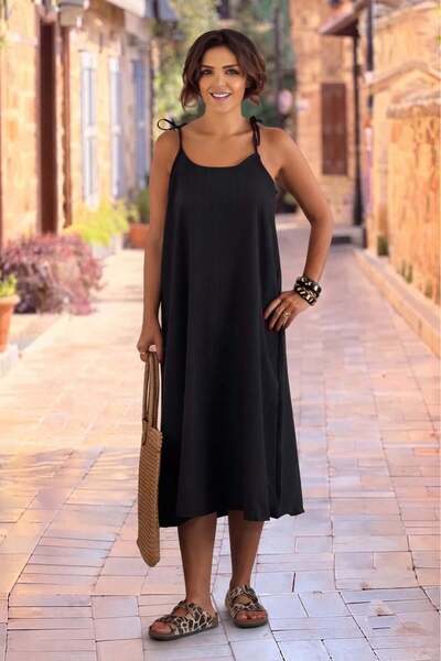 Nevin Kaya Moda V6 - Black Göcek Linen Dress with Rope Straps
