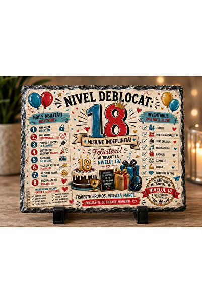hiperborea Ardezie Personalizată – „Nivel Deblocat 18” – Cadou pentru Majorat