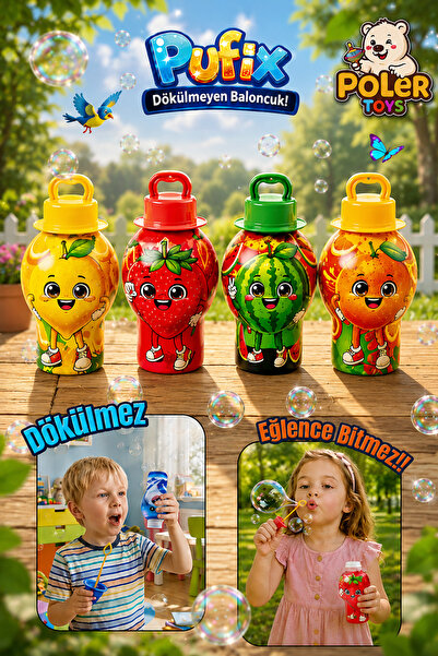 POLER TOYS Pufix Dökülmeyen Üflemeli Köpük Baloncuk Oyuncağı Akmayan Şişeli M...