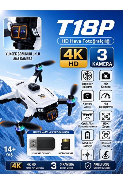 ATLT ATLANTİS T18P DRON 4K HD HAVA FOTORAFÇILIĞI 3 LENS USB KART OKUYUCU+KAFI...
