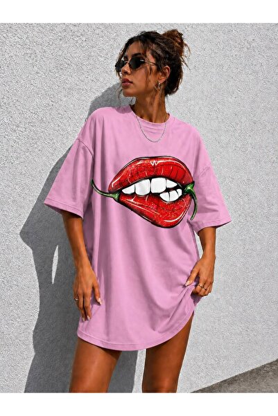 classy moda Women's Lip&Pepper Printed Oversize Crew Neck Tunic T-Shirt
