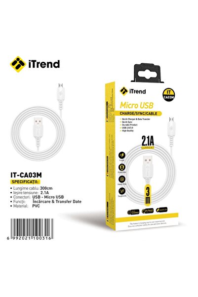 itrend Cablu USB-A la Micro USB iTrend, 3 m, Încărcare Rapidă 2.1A, PVC, Alb