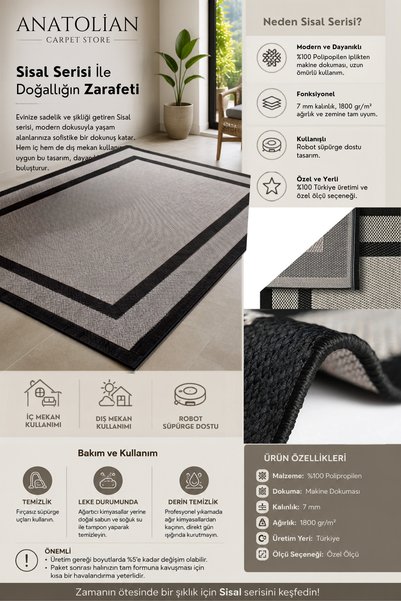 Anatolian Carpet Store Sisal Dokuma Hav Vermez, Leke Tutmaz, Robot Süpürgeye Uygun Modern Bej Siyah Halı