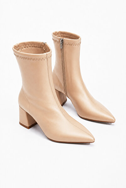 Scarpebutik Women's Beige Pointed Toe Thick Heeled Stretch Boots