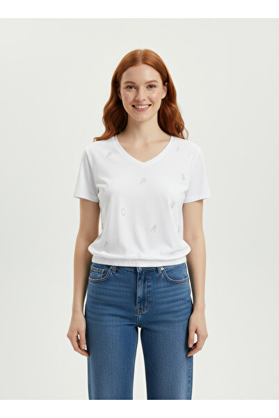 Neden Tekstil Women's Elastic Waist White V-Neck T-Shirt