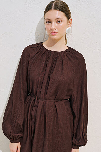 Manuka Textured Balloon Sleeve Draped Tunic Brown