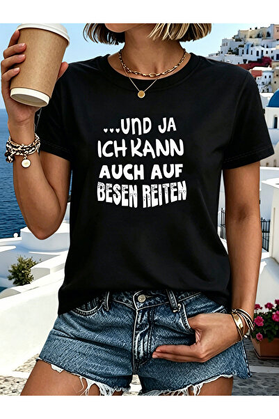 NOURAM Women's "Ja, Ich Kann Auch Auf Besen Reiten" T-Shirt - "Yes I Can Ride...