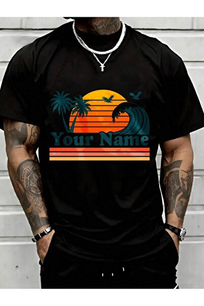 NOURAM Personalized Vintage Sunset Surf Palm Tree Wave T-Shirt Custom Name Be...