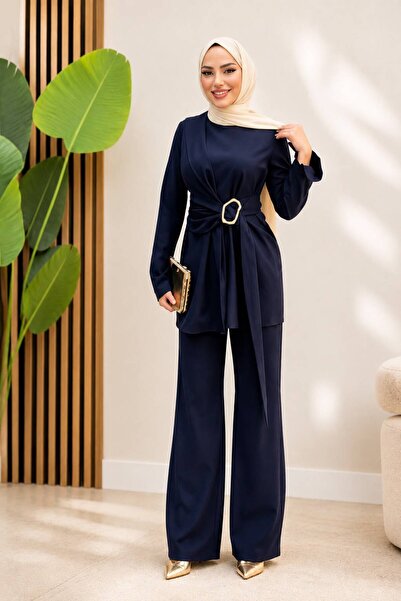 onlymoon Navy plavi komplet od tunike i pantalona sa pojasom | Tunika sa dugi...