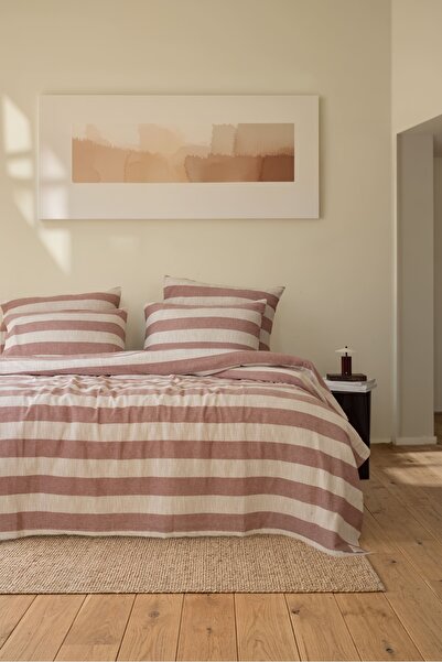 Bej Home طقم مفرش سرير مخطط بلون القرميد، مقاس مزدوج، 100% قطن، 220x240 سم