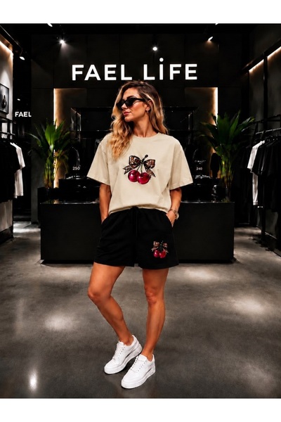 FAEL LİFE Unisex Wide-Let T-Shirt and Shorts Set with Cherry Ribbon Print