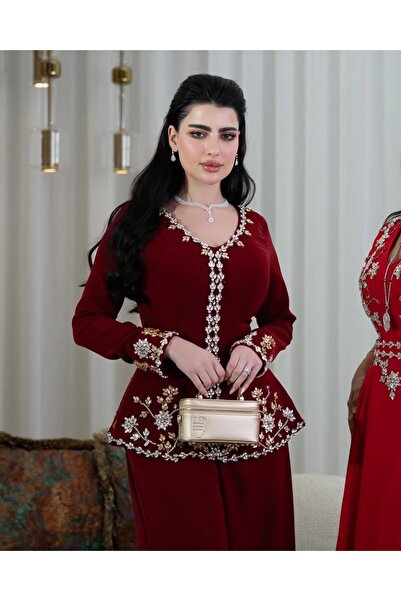 Ayaen Luxurious Burgundy Jumpsuit with Dazzling Crystal Embellishments, Exudi...