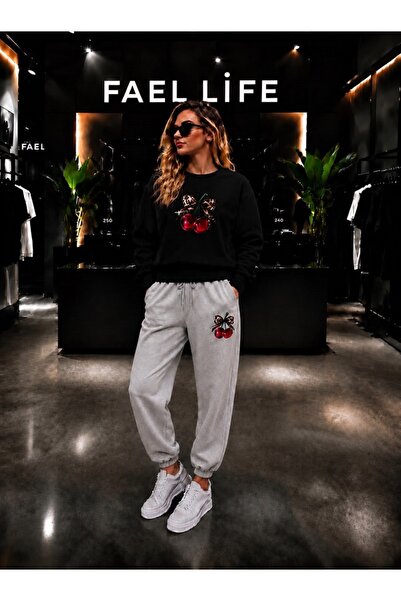 FAEL LİFE Unisex Wide Cut Zero Neck and Sweatpants Set with Cherry Ribbon Print