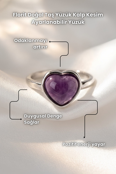 Elifsu Jewelry Fluorite Natural Stone Ring Heart Cut Adjustable Ring