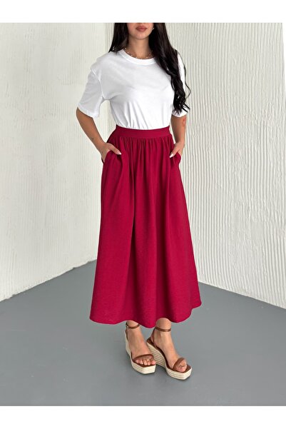DENİKK Trendy Elastic Waist High Waist Linen Skirt