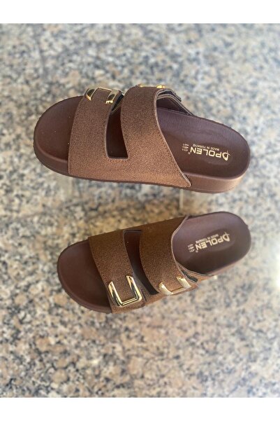 Aysun Ayakkabı Brown Banded Orthopedic and Non-Slip Sole Women's Slippers