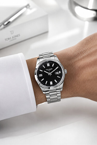 Tom Jones Men's Wristwatch Suitable for Daily Use Black Dial Steel Cord 5 Atm