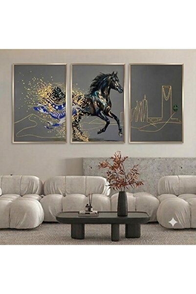 Generic Luxury Champagne Frame Triple Wall Art Set (3 Pieces) - Arabian Horse...