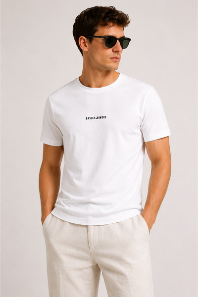 Basics&More Men's White Cotton Basics & More Printed T-Shirt