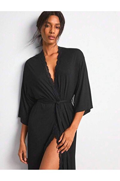 Jermo Women's Combed Cotton Long Dressing Gown – Lace Detailed Belted Comfort...