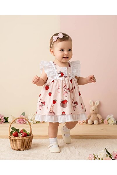 PİTABABY Çilekli Tavşanlı Masal Kız Bebek Elbise