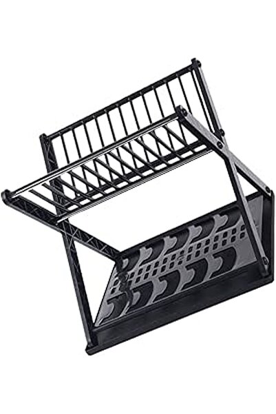 LALAFINA Black Two Tier Dish Drying Rack With Cutlery Holder Compact Kitchen ...