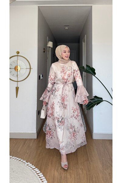 NİLNUR MODA Yeni Sezon Tasarım Marya Desenli Elbise Baskılı Modal Tül