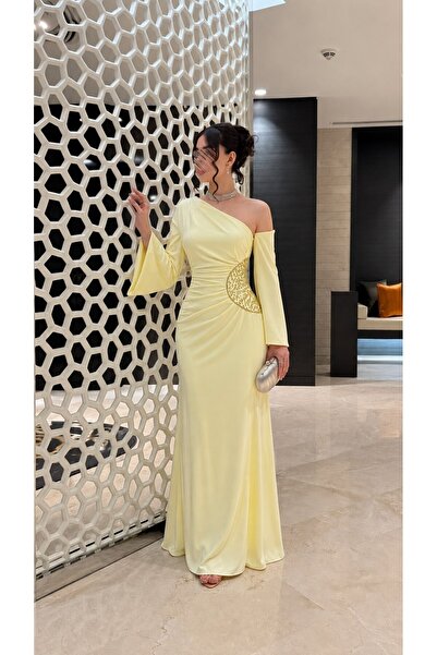 Jood One Shoulder Maxi Evening Dress with Draping and Side Embroidery Detail
