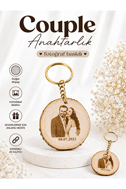 Kişiye Özel Fotoğraf ve Tarih Baskılı Ahşap Çift Anahtarlığı
