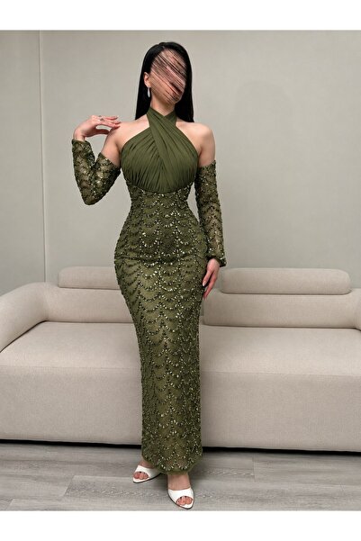Jood Long Sleeves Sequin Embroidery Halter Maxi Evening Dress