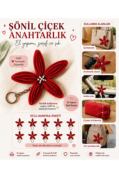 Design Elfida Şönil Çiçek Anahtarlık 10'lu Paket /El Yapımı / Çanta Süsü / Nikah, Söz, Nişan ve Doğum Günü Hediyeliği.